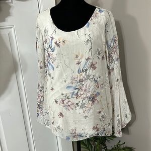 Viola Borghi cream floral silk pullover top sheer bell sleeves Women’s Small